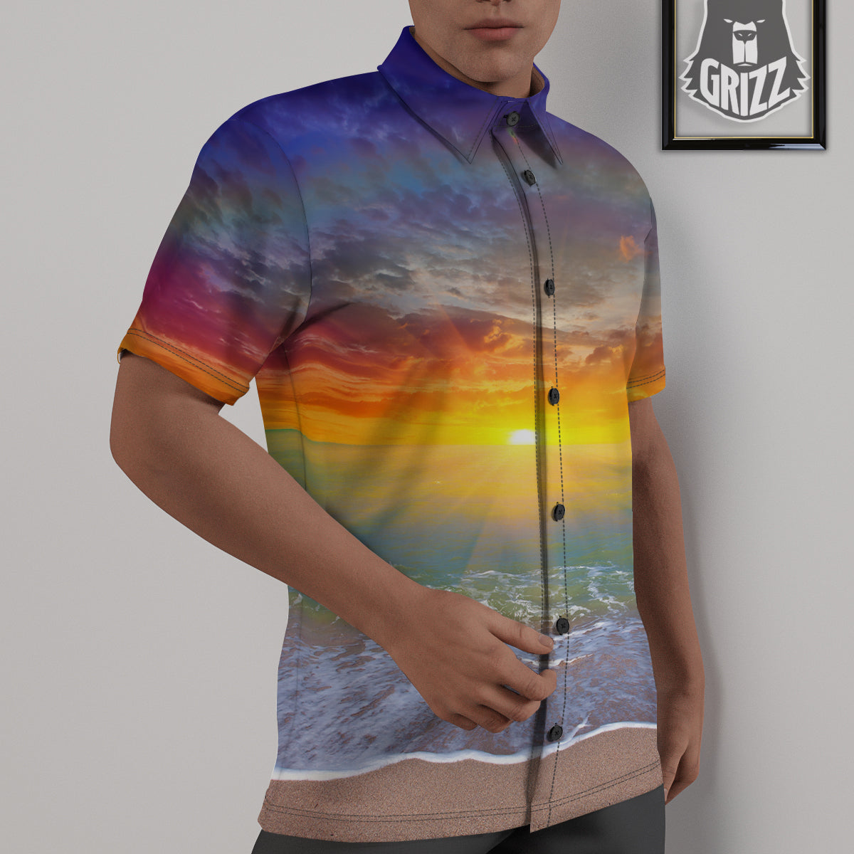 Sunset And Rainbow On Beach Print Untucked Shirts-grizzshop