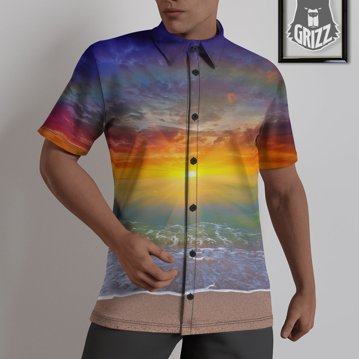 Sunset And Rainbow On Beach Print Untucked Shirts-grizzshop