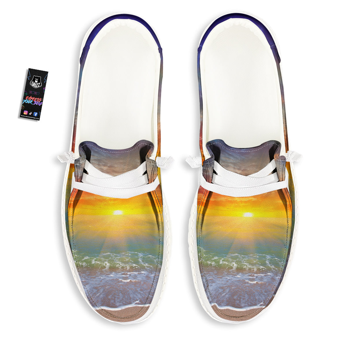 Sunset And Rainbow On Beach Print White Loafers-grizzshop