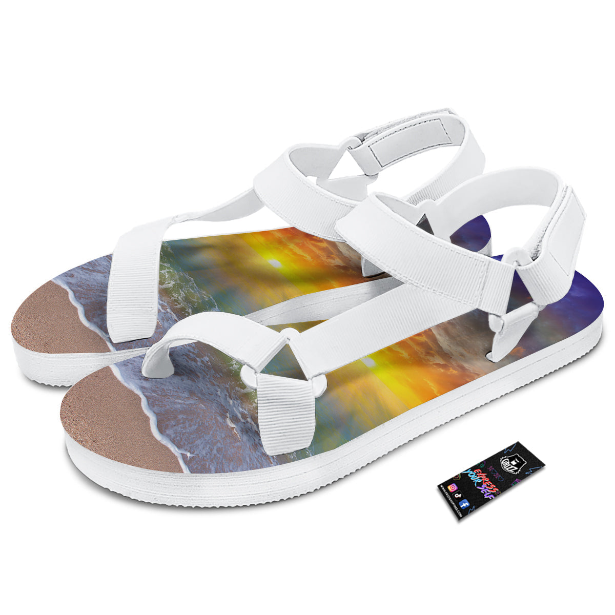 Sunset And Rainbow On Beach Print White Open Toe Sandals-grizzshop