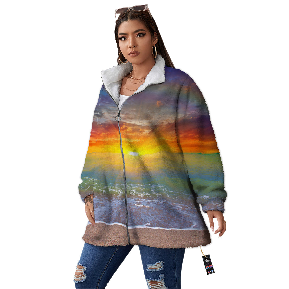 Sunset And Rainbow On Beach Print Women's Sherpa Jacket-grizzshop