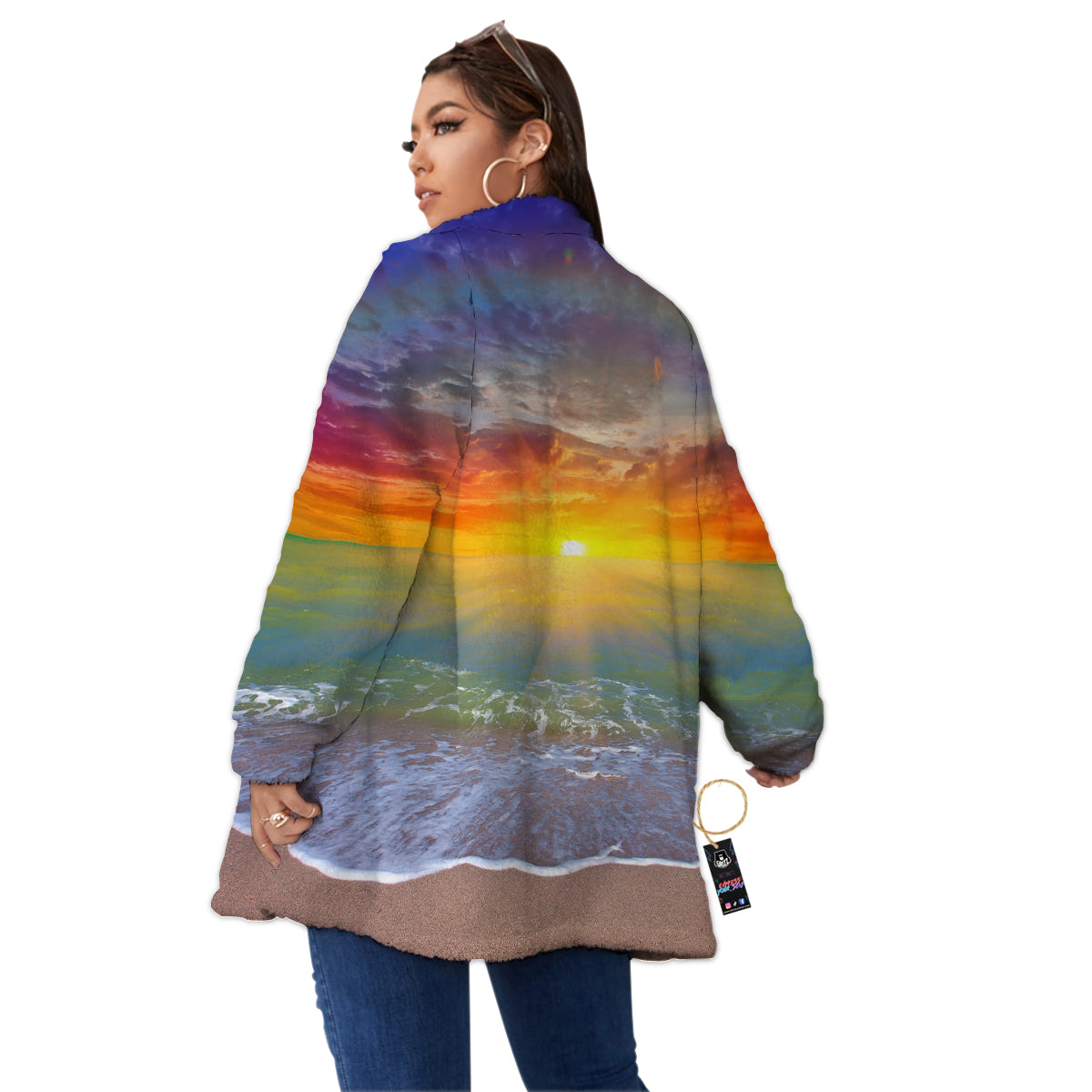 Sunset And Rainbow On Beach Print Women's Sherpa Jacket-grizzshop