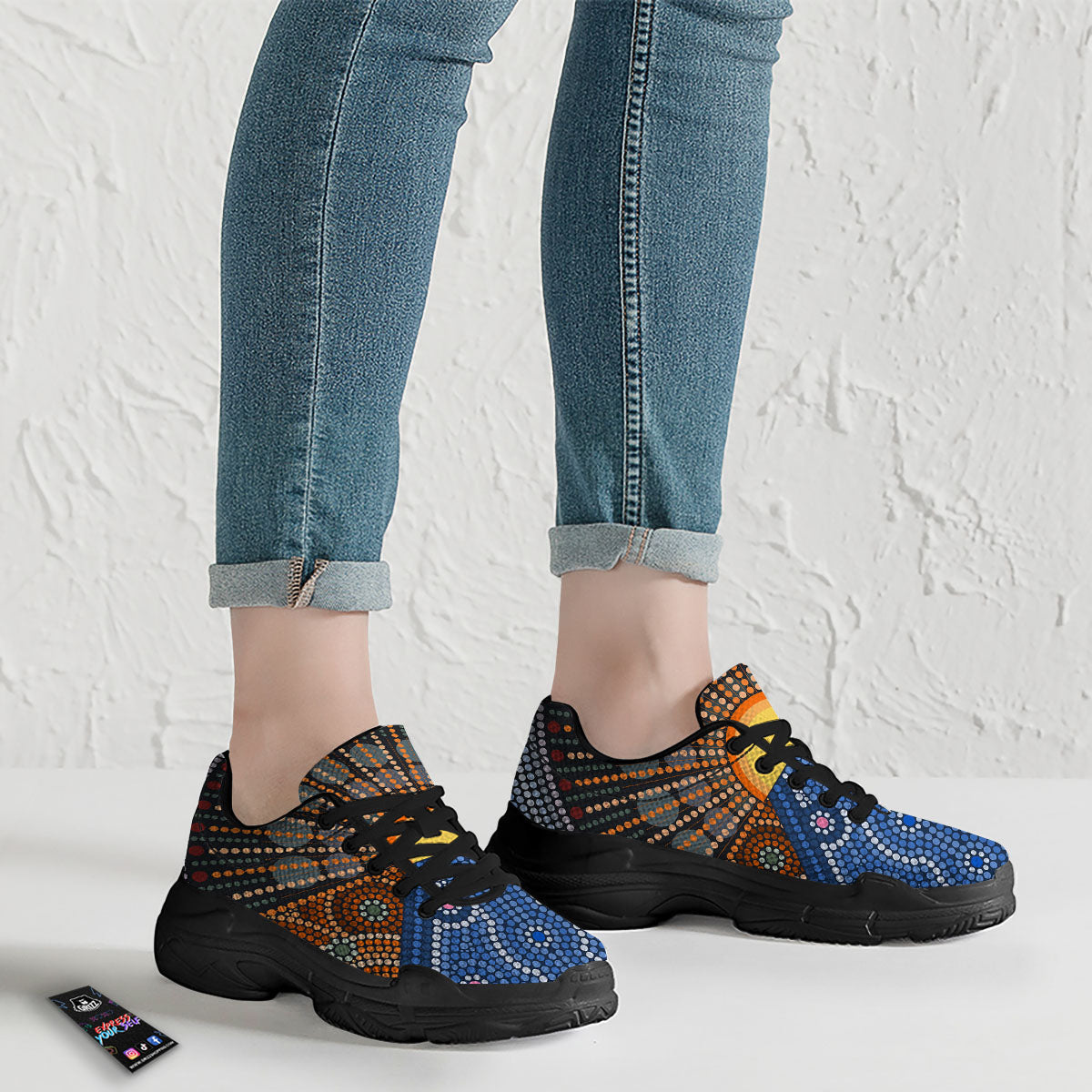 Sunset Art Aboriginal Indigenous Print Black Chunky Shoes-grizzshop