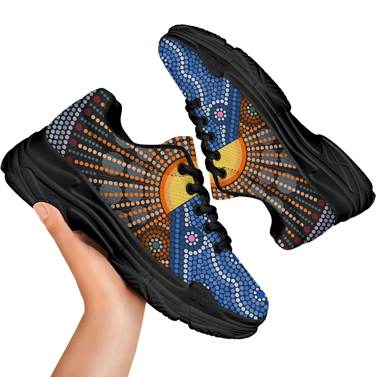 Sunset Art Aboriginal Indigenous Print Black Chunky Shoes-grizzshop