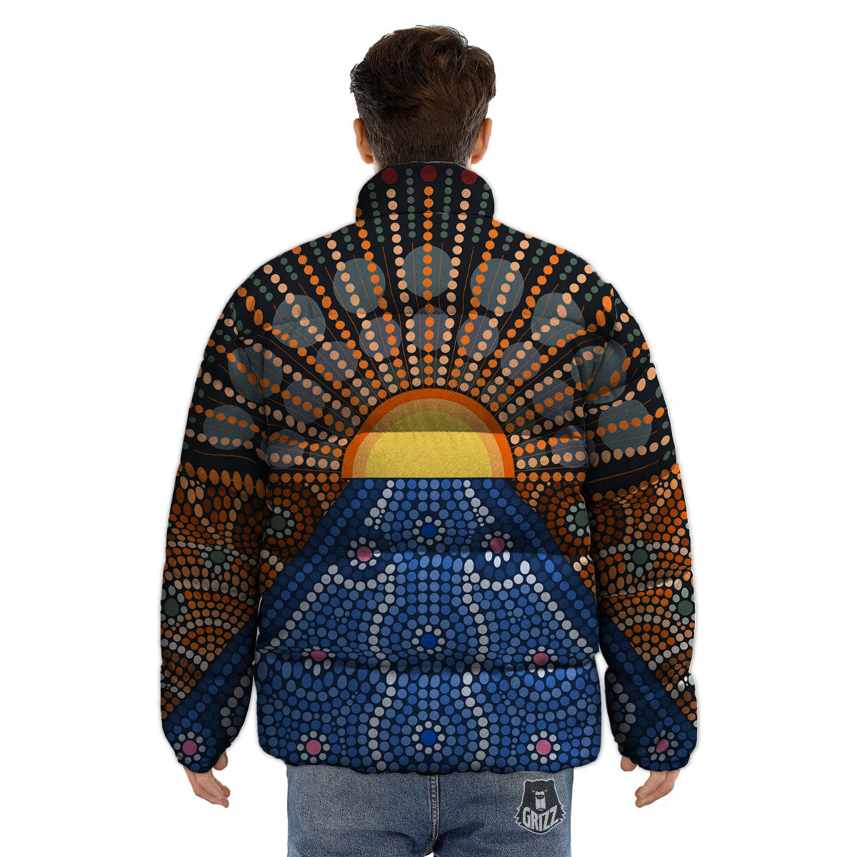 Sunset Art Aboriginal Indigenous Print Puffer Jacket-grizzshop