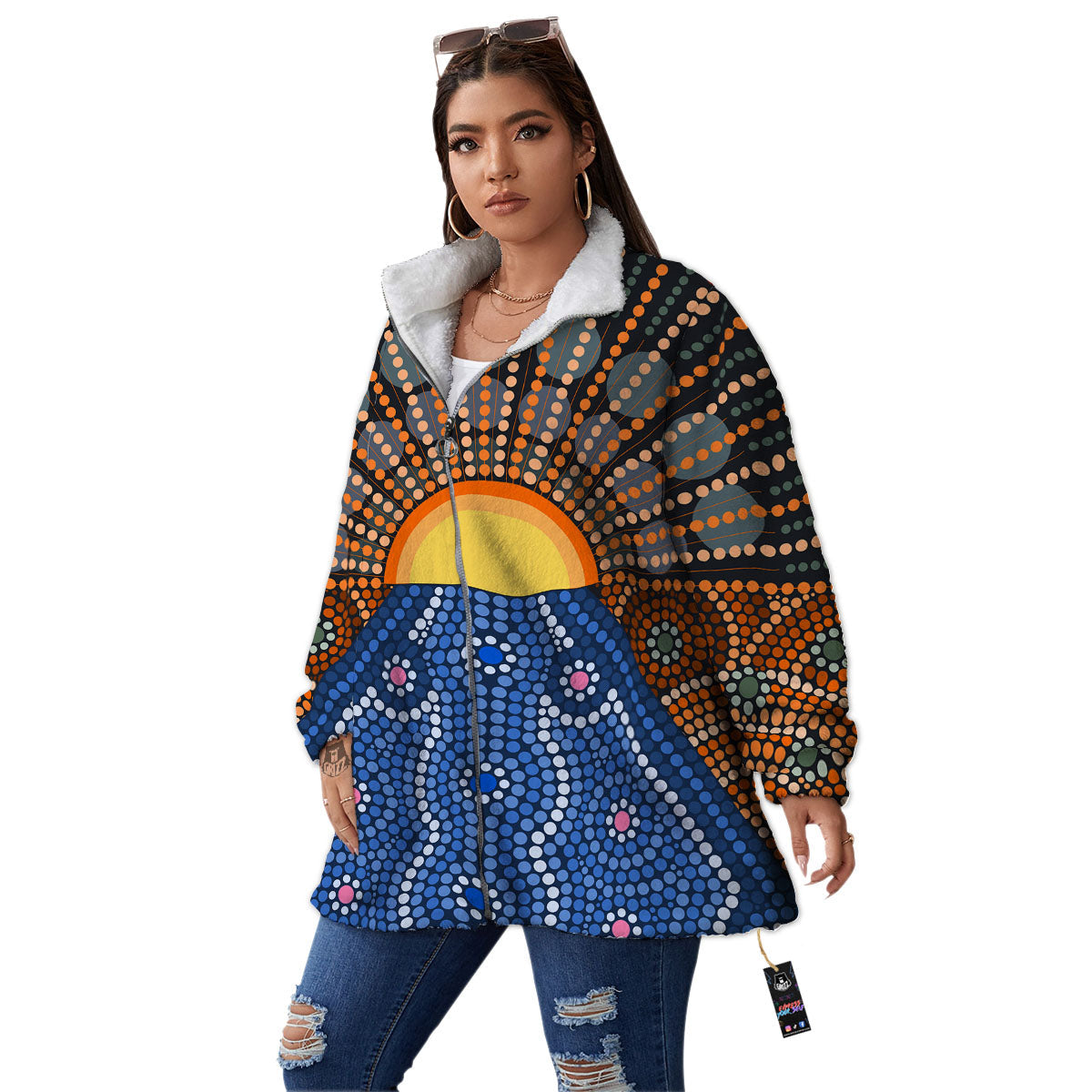 Sunset Art Aboriginal Indigenous Print Women's Sherpa Jacket-grizzshop