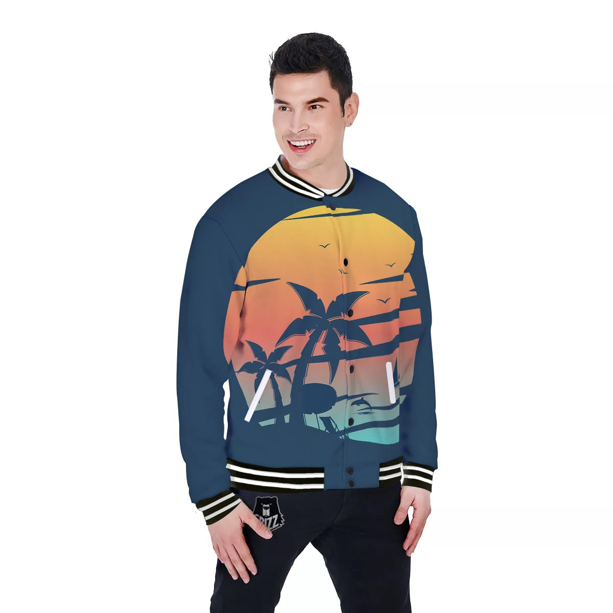 Sunset Beach Tropical Print Baseball Jacket-grizzshop