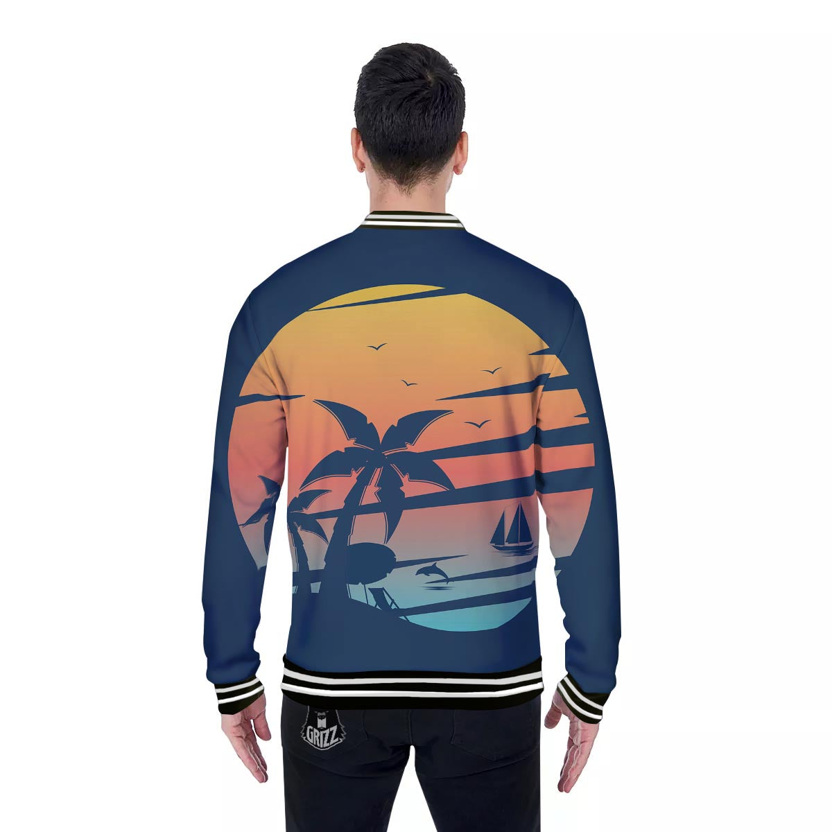 Sunset Beach Tropical Print Baseball Jacket-grizzshop
