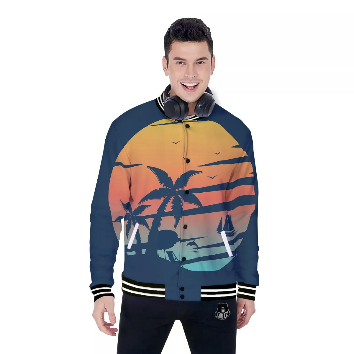 Sunset Beach Tropical Print Baseball Jacket-grizzshop