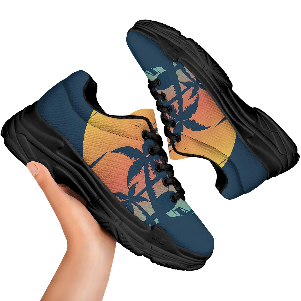 Sunset Beach Tropical Print Black Chunky Shoes-grizzshop
