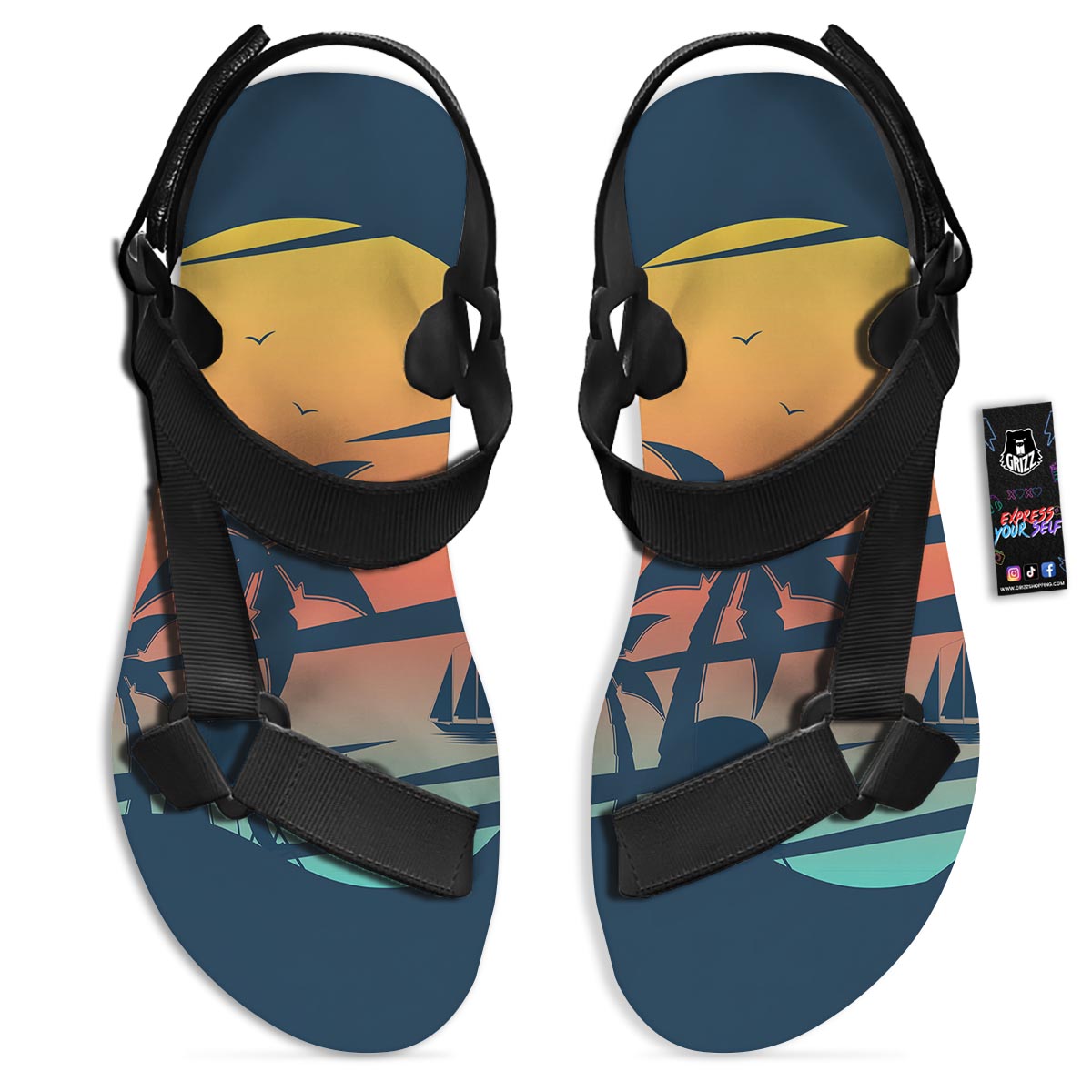 Sunset Beach Tropical Print Black Open Toe Sandals-grizzshop
