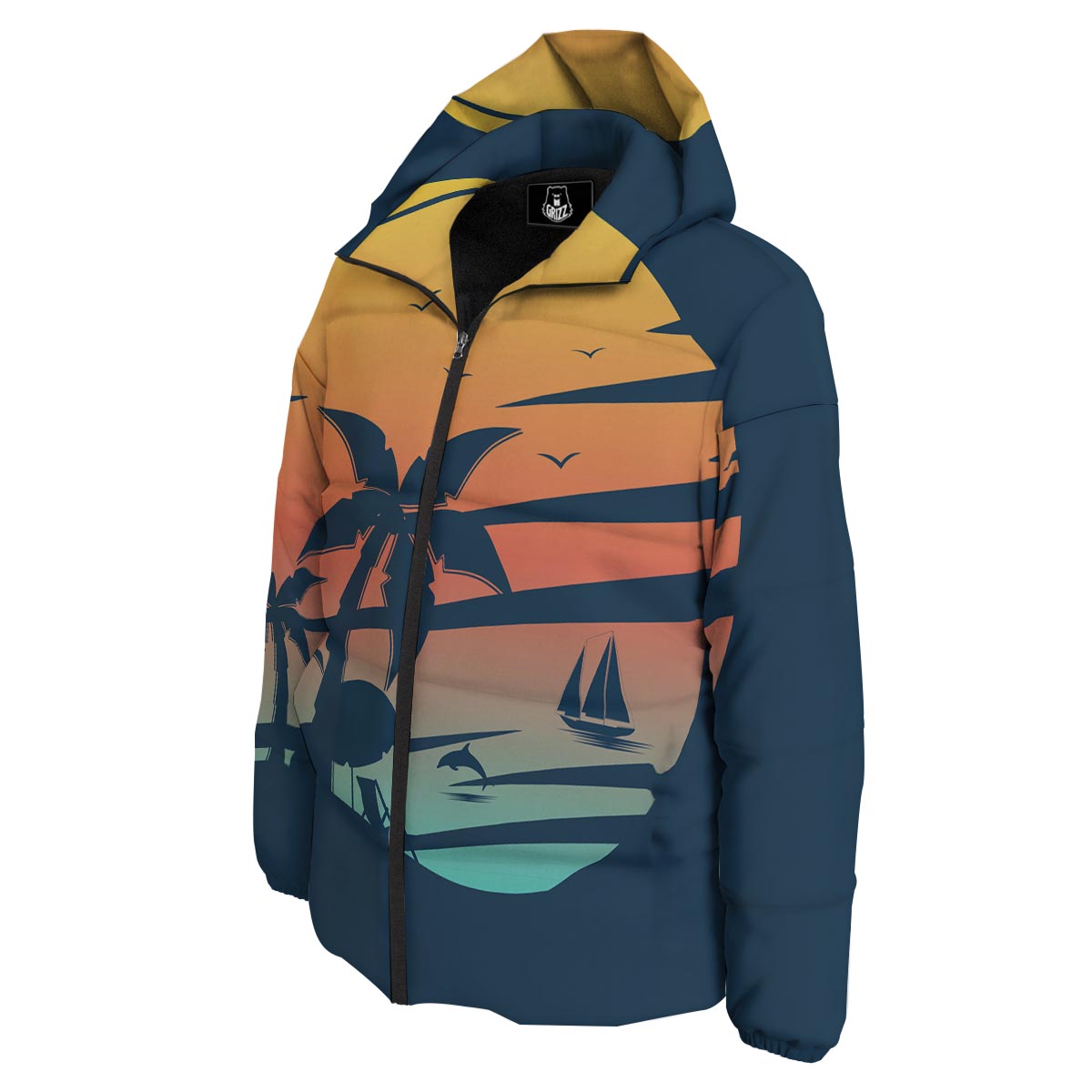 Sunset Beach Tropical Print Down Jacket-grizzshop