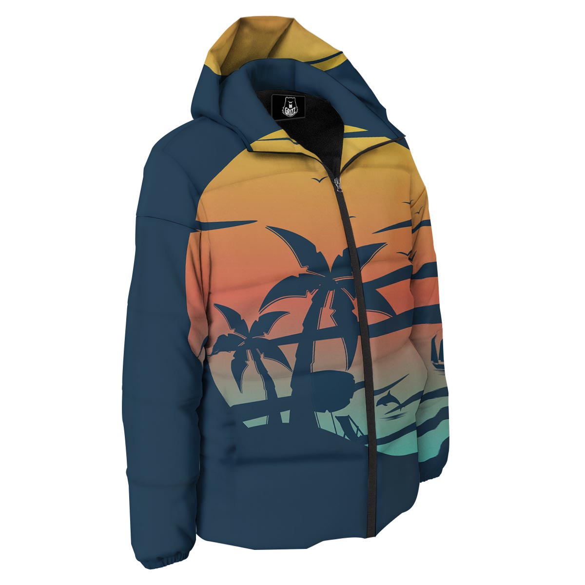 Sunset Beach Tropical Print Down Jacket-grizzshop