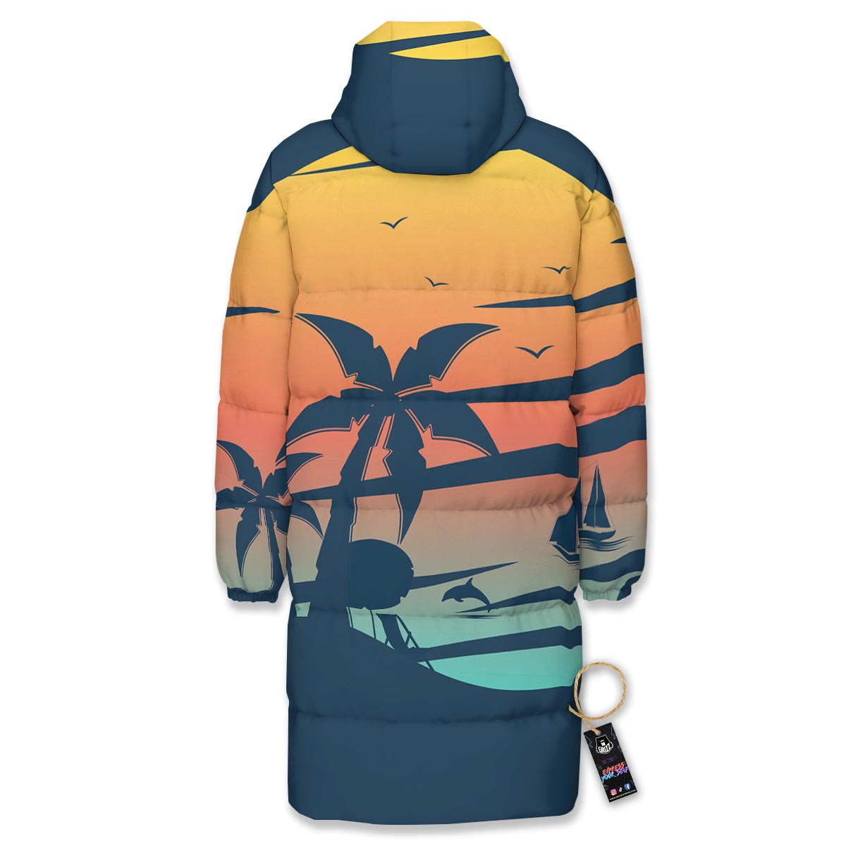 Sunset Beach Tropical Print Long Down Jacket-grizzshop