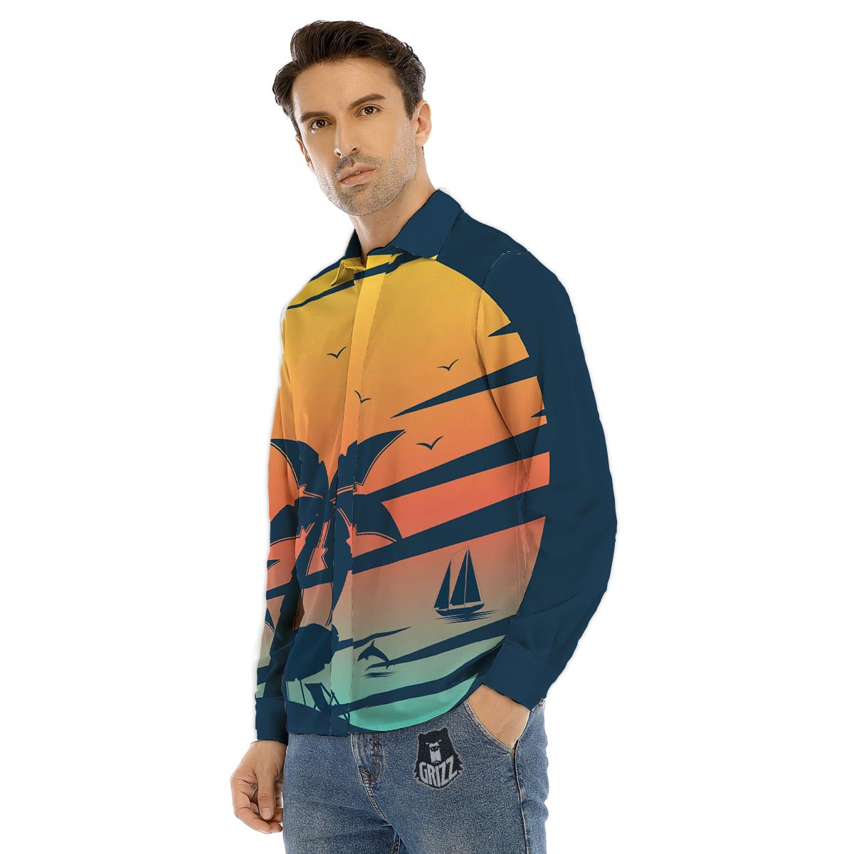 Sunset Beach Tropical Print Men's Dress Shirts-grizzshop