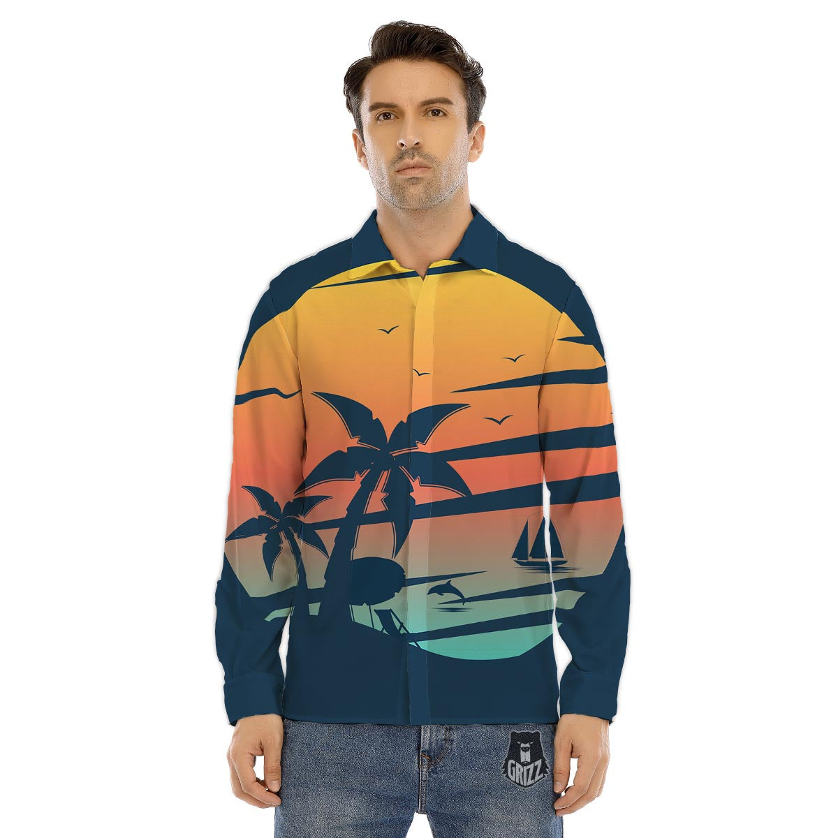 Sunset Beach Tropical Print Men's Dress Shirts-grizzshop