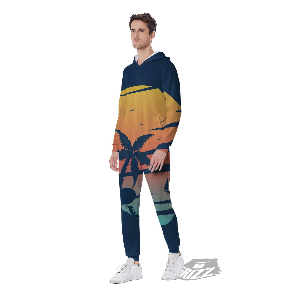 Sunset Beach Tropical Print Men's Jumpsuit-grizzshop