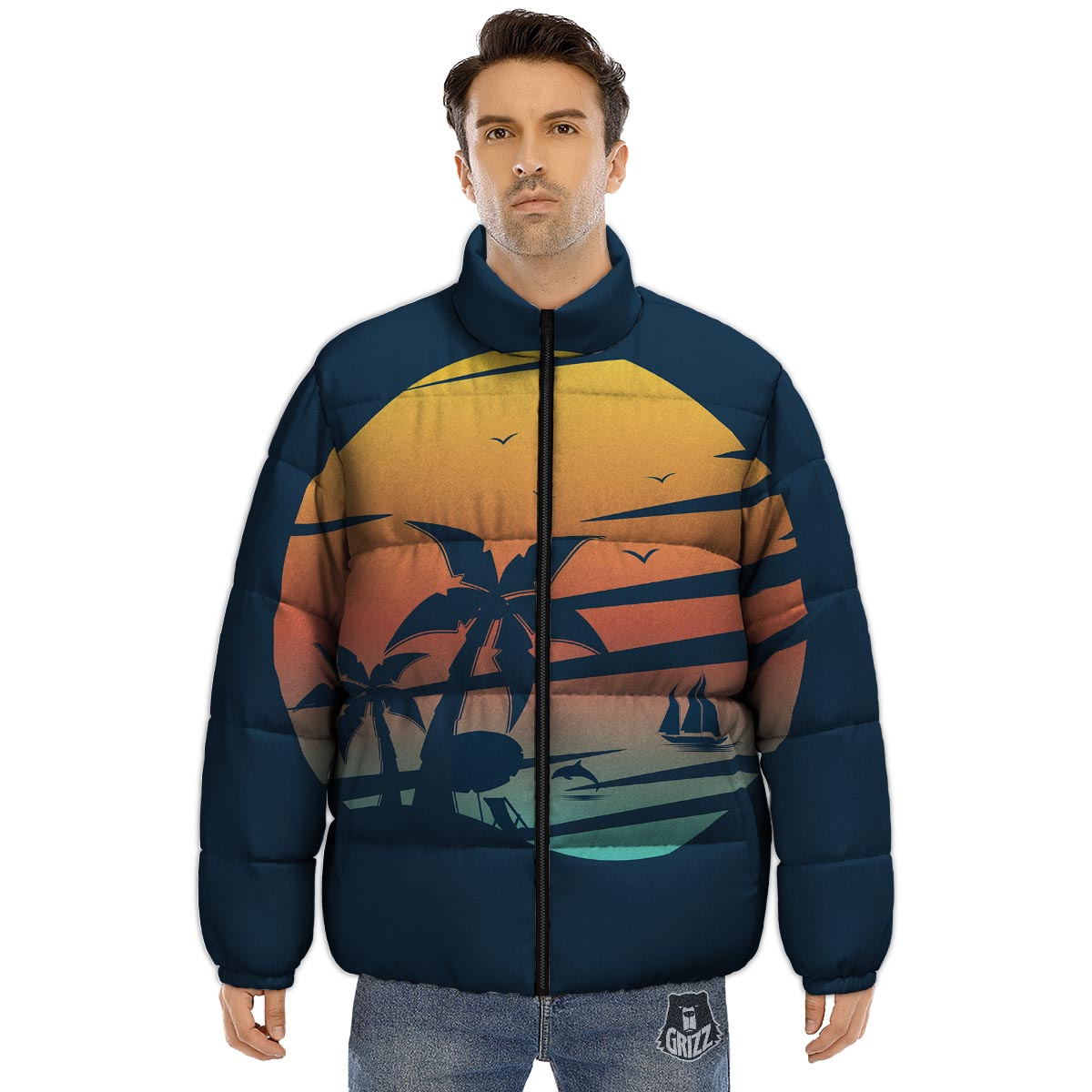 Sunset Beach Tropical Print Puffer Jacket-grizzshop