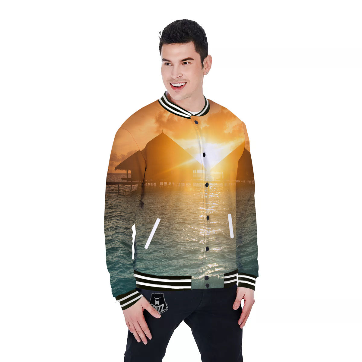 Sunset Maldives Print Baseball Jacket-grizzshop
