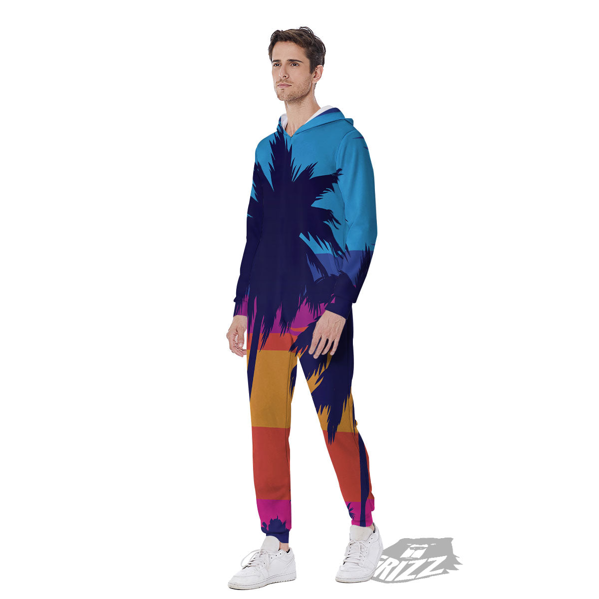Sunset On The Beach And Palm Trees Print Men's Jumpsuit-grizzshop
