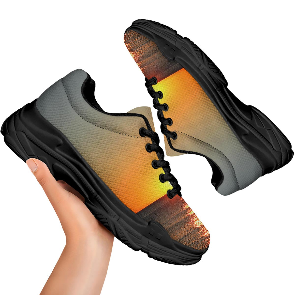 Sunset Over Sea Print Black Chunky Shoes-grizzshop