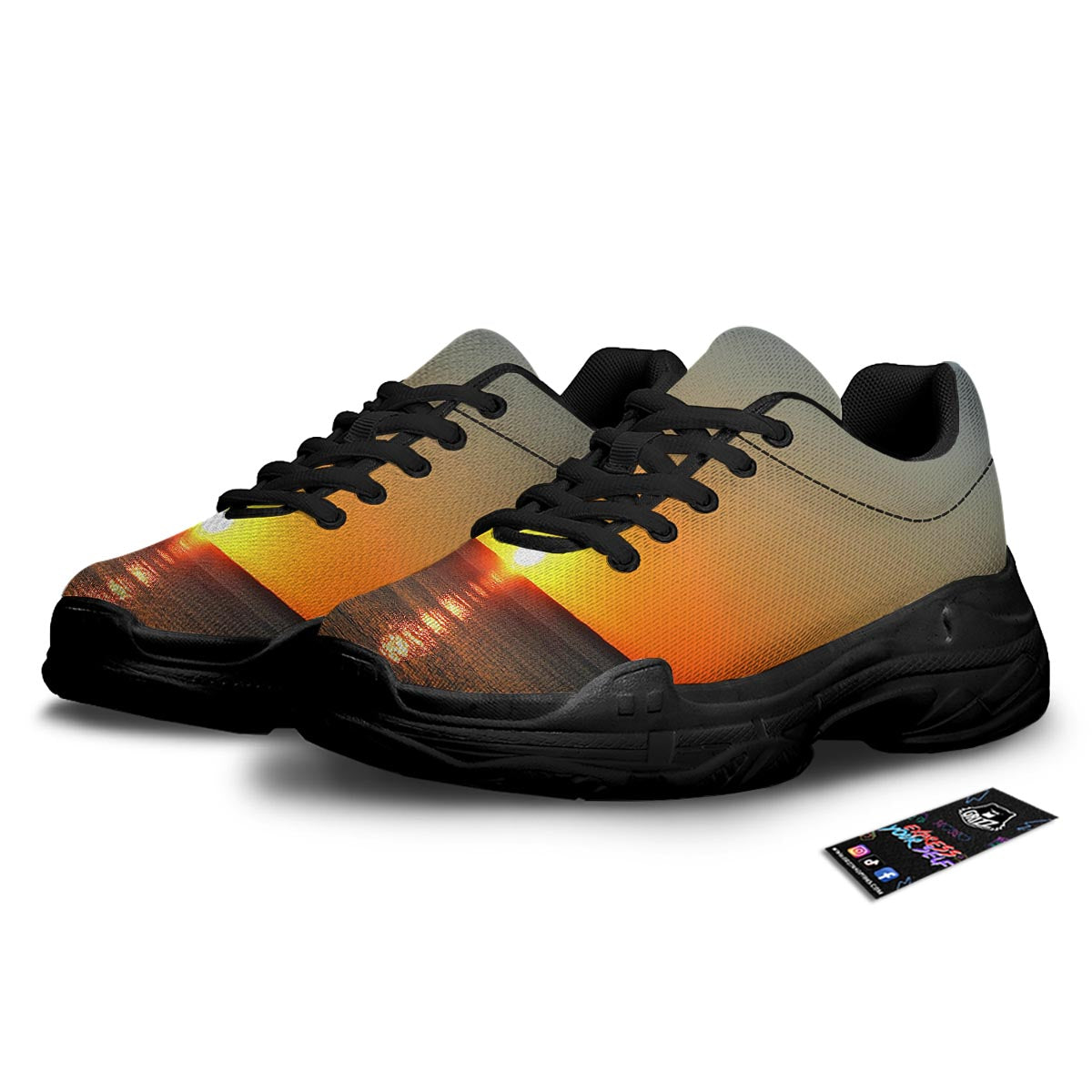 Sunset Over Sea Print Black Chunky Shoes-grizzshop