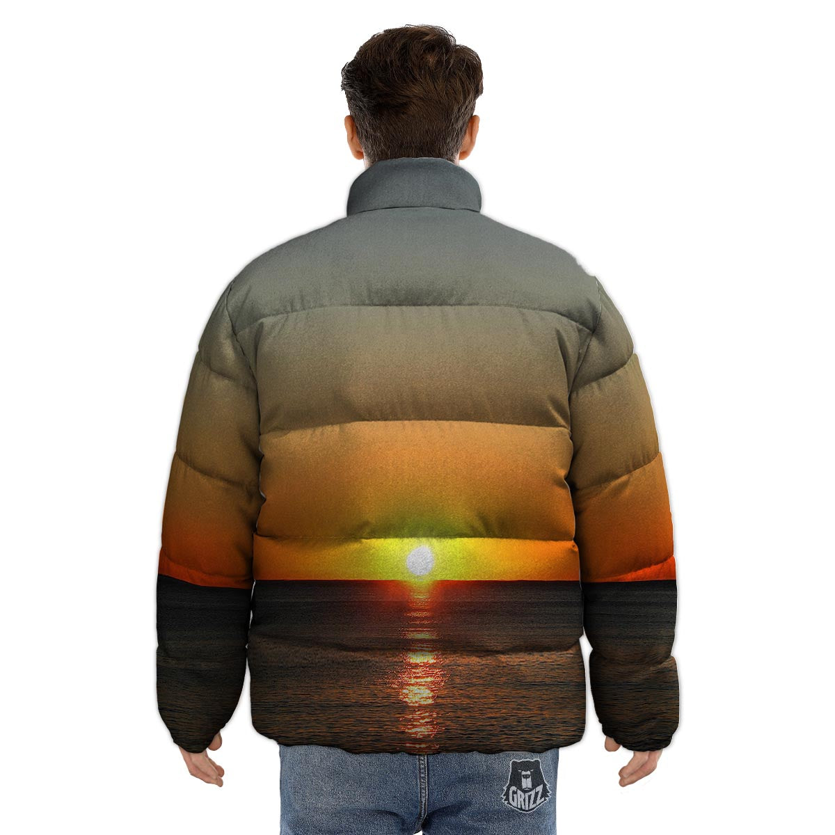 Sunset Over Sea Print Puffer Jacket-grizzshop