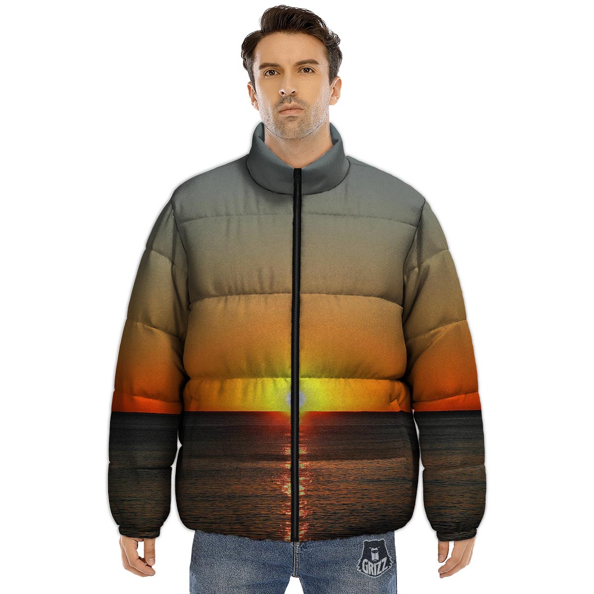 Sunset Over Sea Print Puffer Jacket-grizzshop