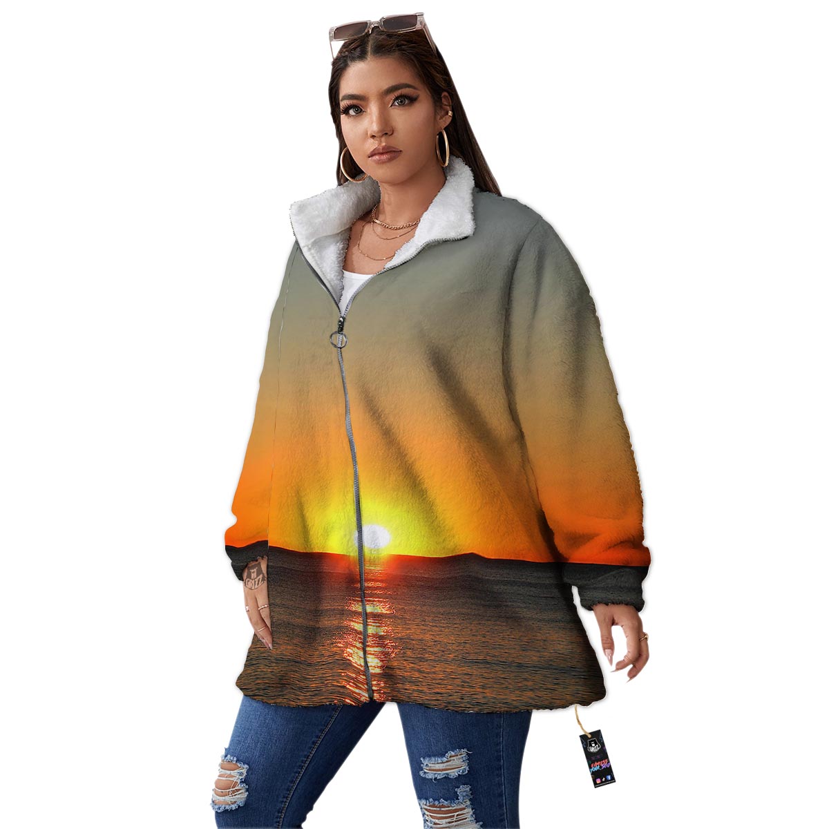 Sunset Over Sea Print Women's Sherpa Jacket-grizzshop