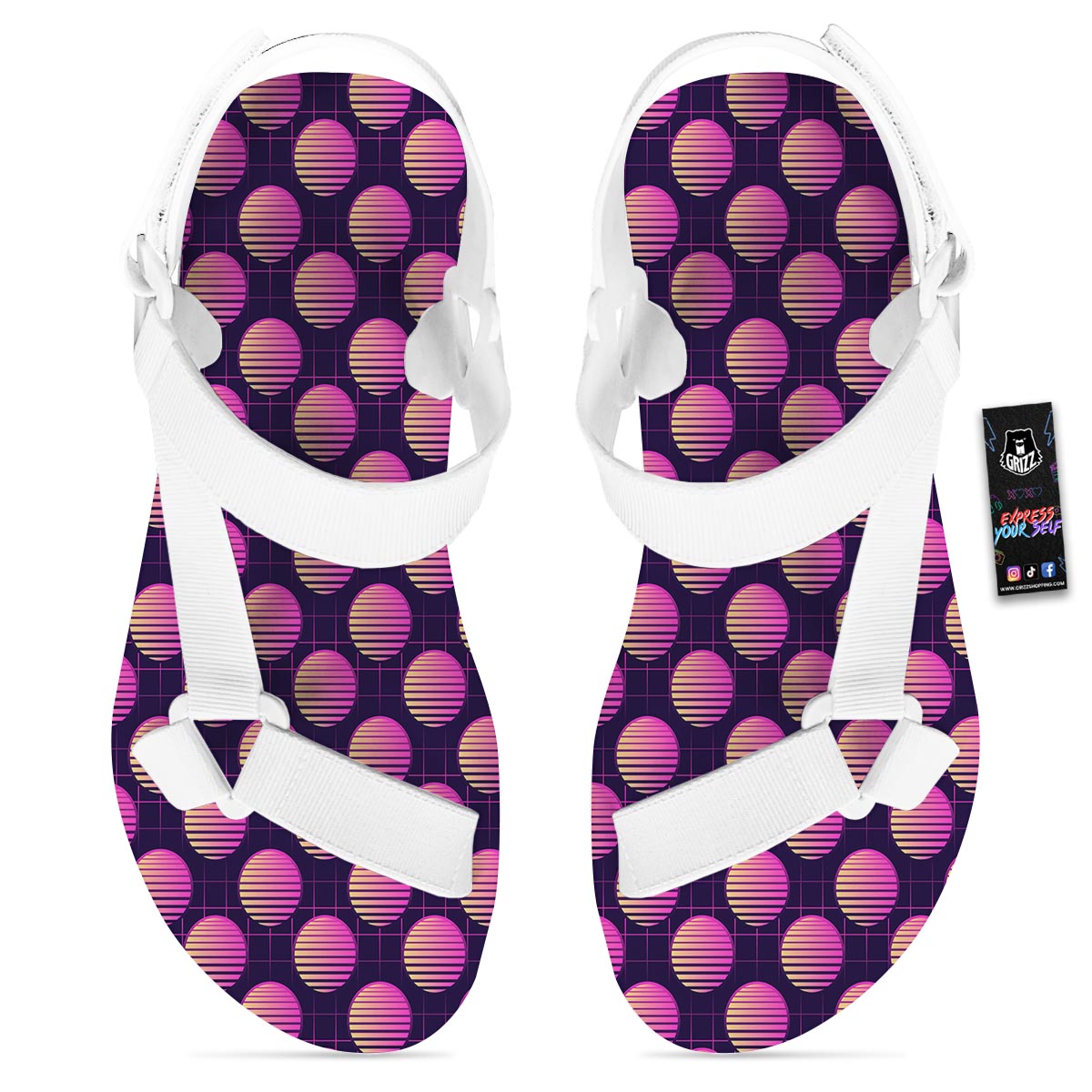 Sunset Retrowave Print Pattern White Open Toe Sandals-grizzshop