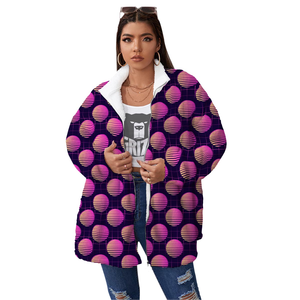 Sunset Retrowave Print Pattern Women's Sherpa Jacket-grizzshop