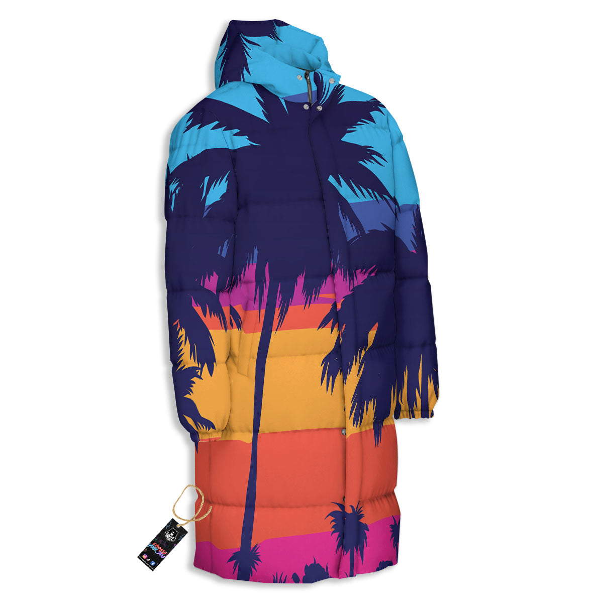 Sunset On The Beach And Palm Trees Print Long Down Jacket