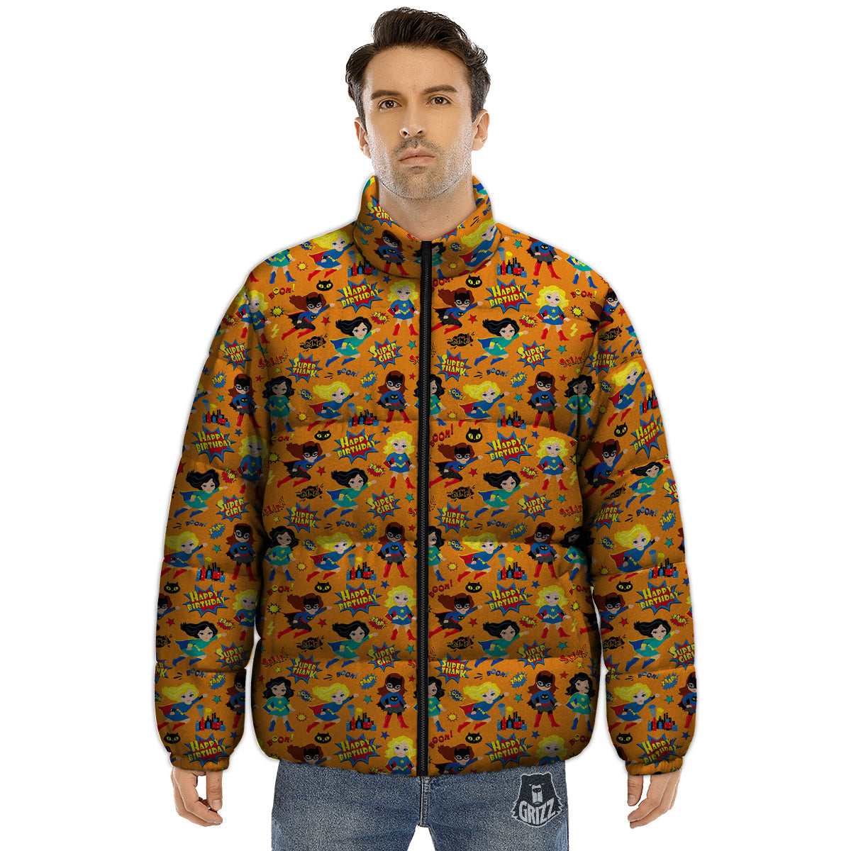 Superhero Girls Print Pattern Puffer Jacket-grizzshop