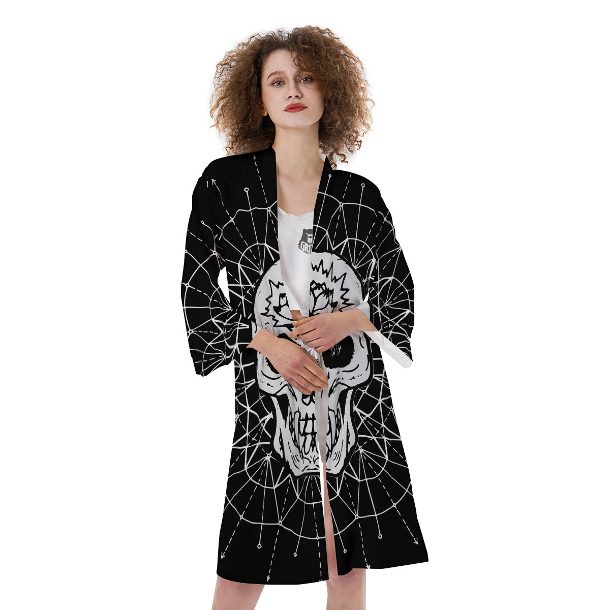 Supernatural Skull Wicca White And Black Print Kimono-grizzshop