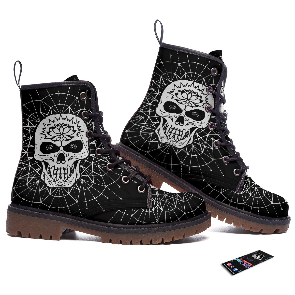 Supernatural Skull Wicca White And Black Print Work Boots-grizzshop