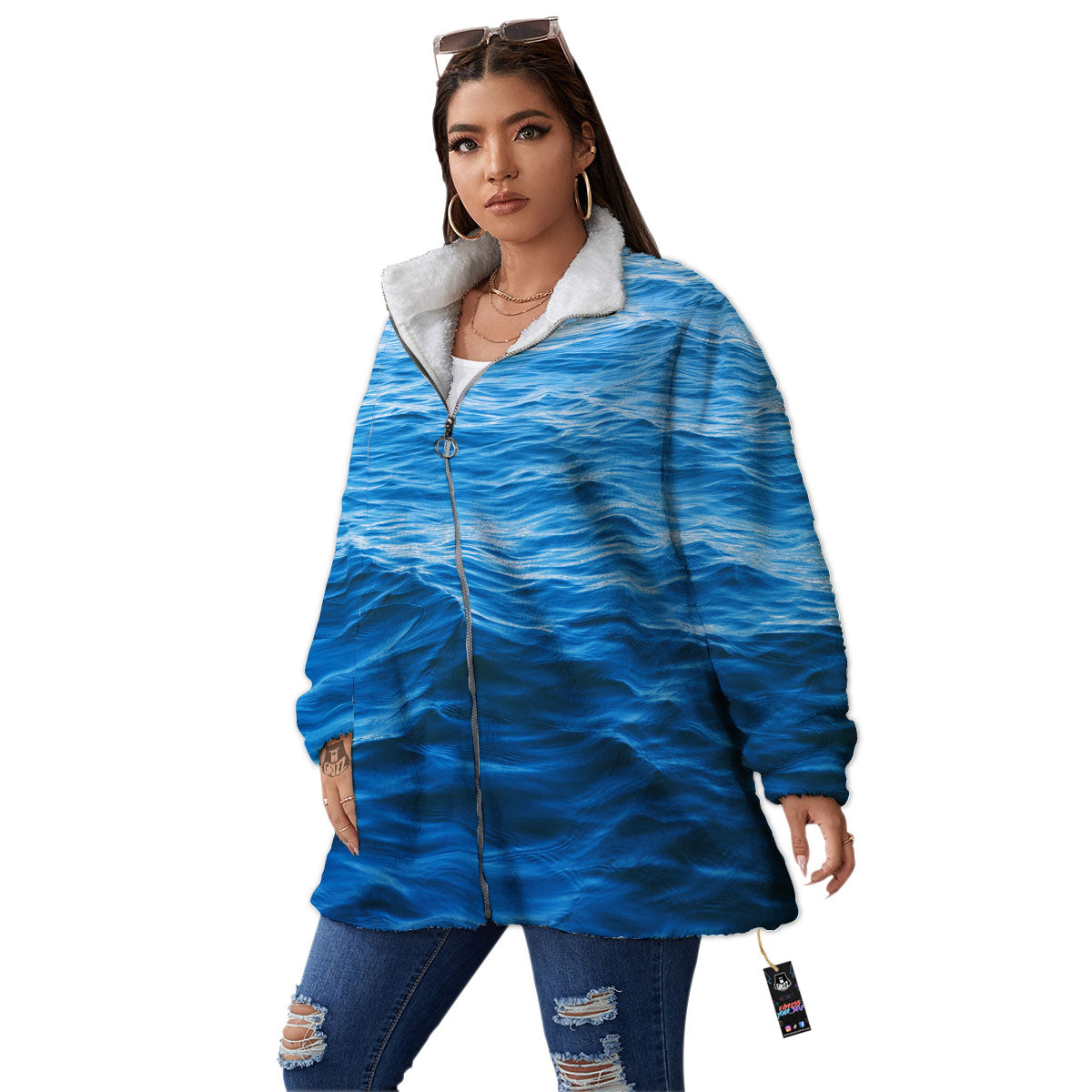 Surface Ocean Print Women's Sherpa Jacket-grizzshop