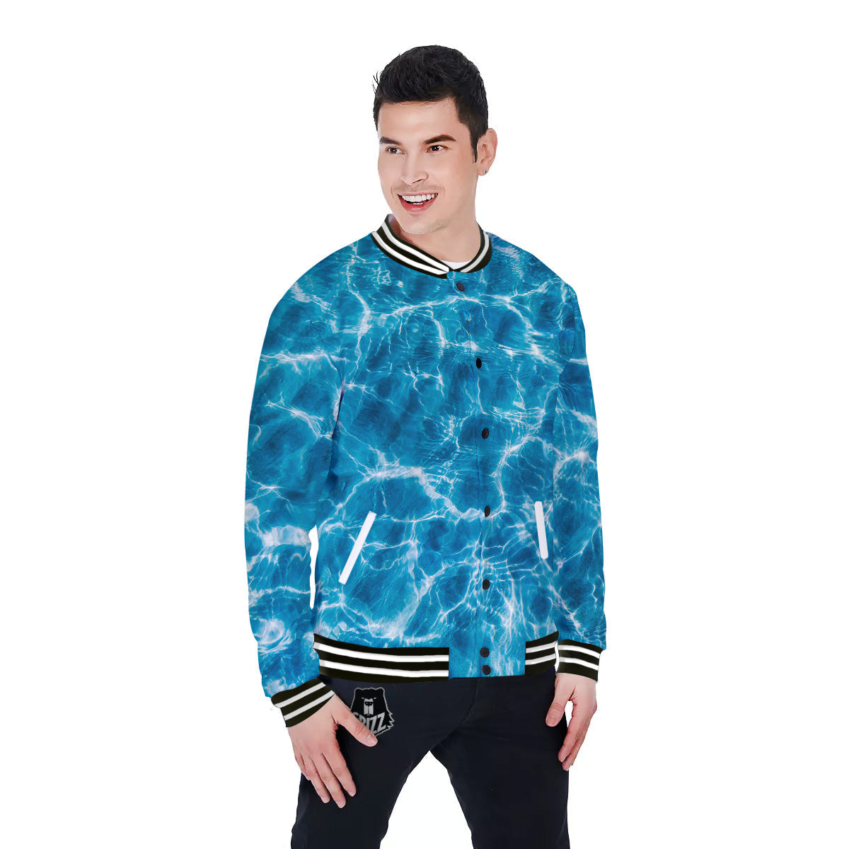 Surface Water Blue Print Baseball Jacket-grizzshop