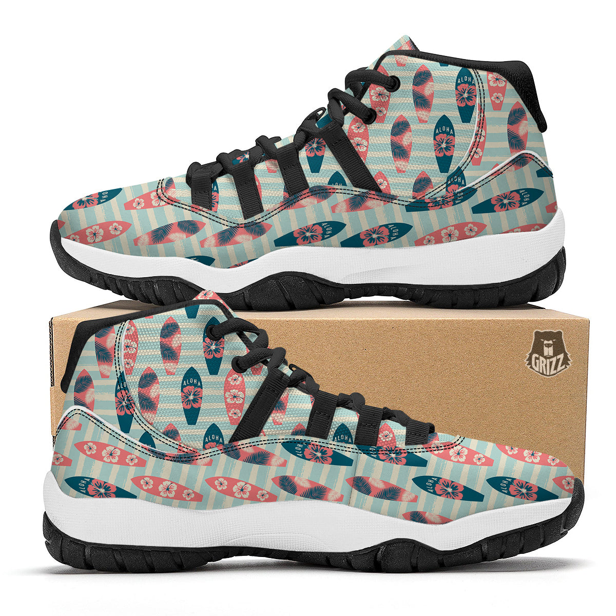 Surfboard Vintage Striped Print Pattern Black Bball Shoes-grizzshop