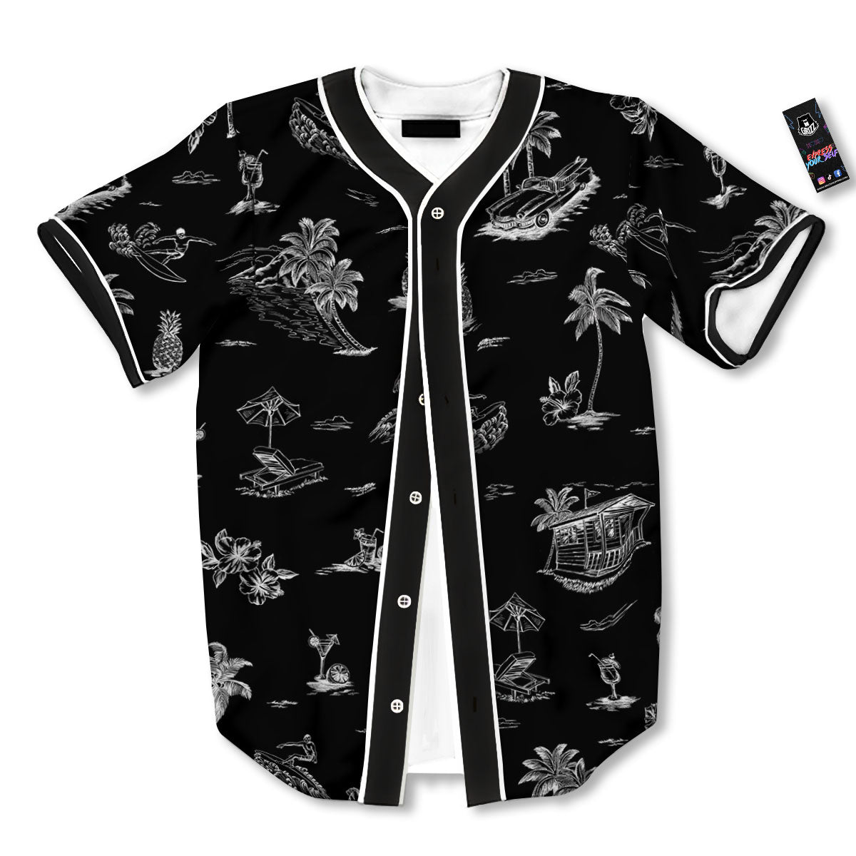 Surfing Black White Print Pattern Baseball Jersey-grizzshop