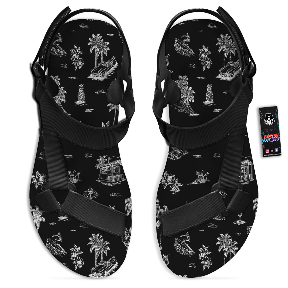 Surfing Black White Print Pattern Black Open Toe Sandals-grizzshop