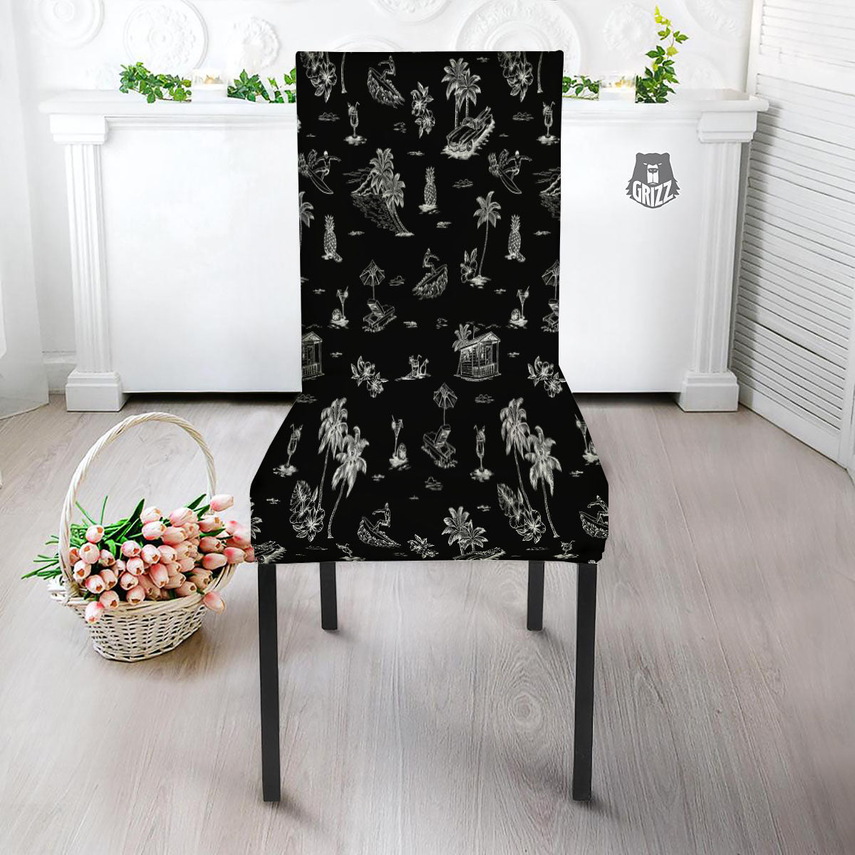 Surfing Black White Print Pattern Dining Chair Slipcover-grizzshop