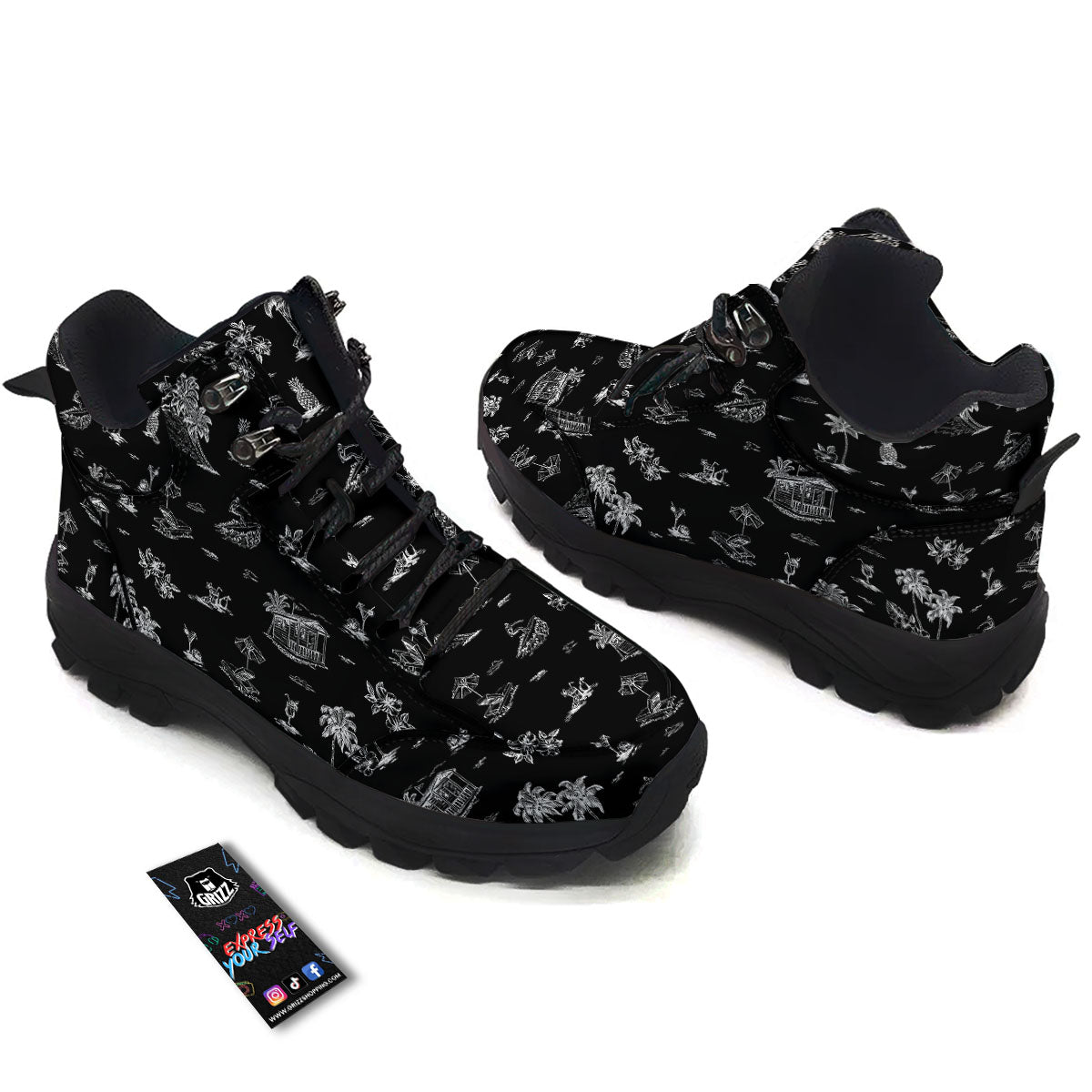 Surfing Black White Print Pattern Hiking Shoes-grizzshop