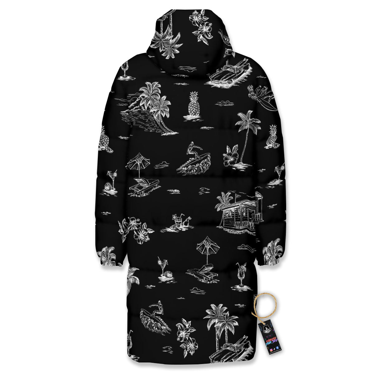 Surfing Black White Print Pattern Long Down Jacket-grizzshop