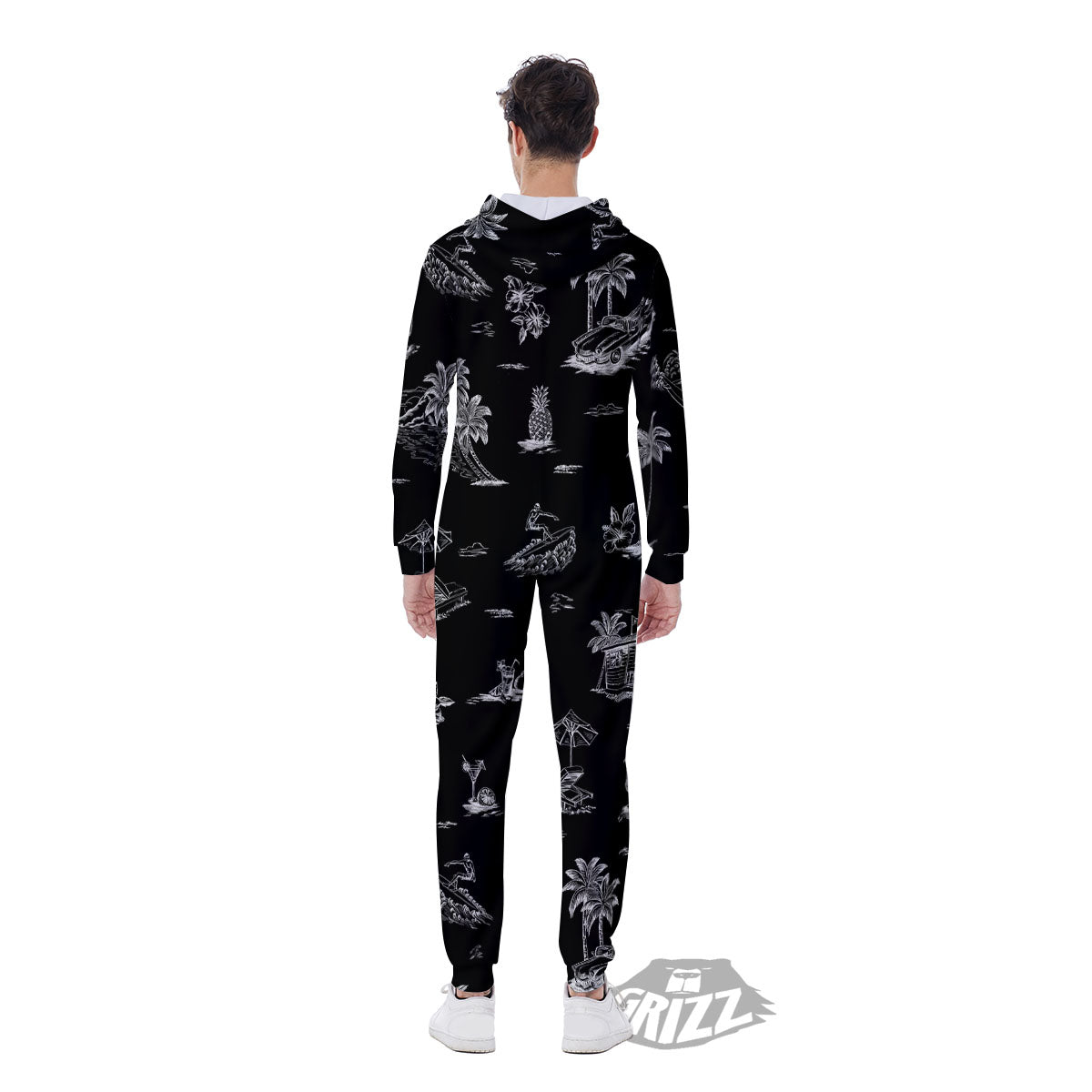 Surfing Black White Print Pattern Men's Jumpsuit-grizzshop