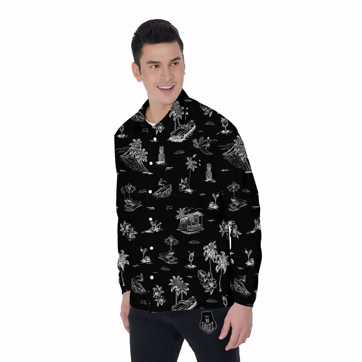 Surfing Black White Print Pattern Men's Long Sleeve Shirts-grizzshop