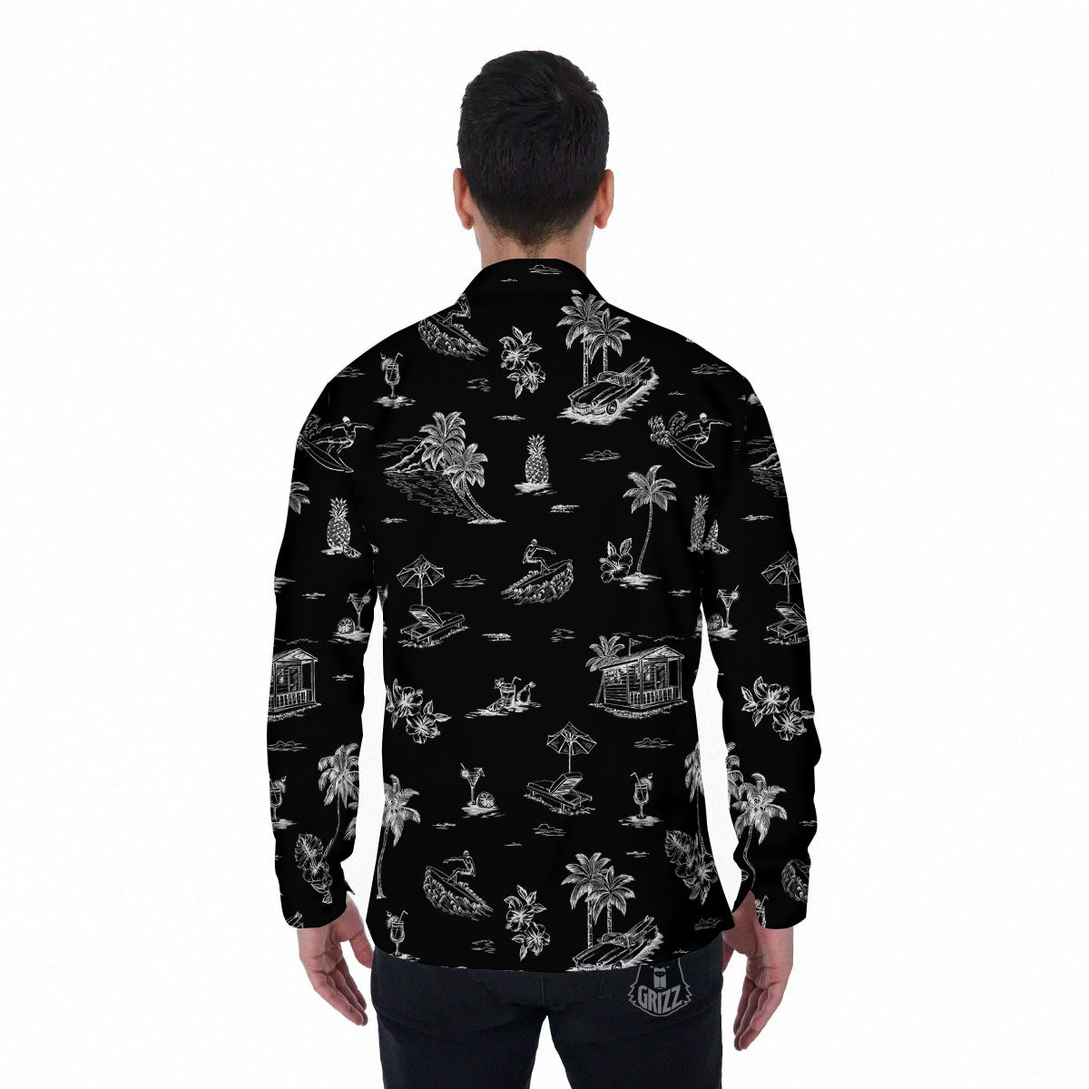 Surfing Black White Print Pattern Men's Long Sleeve Shirts-grizzshop