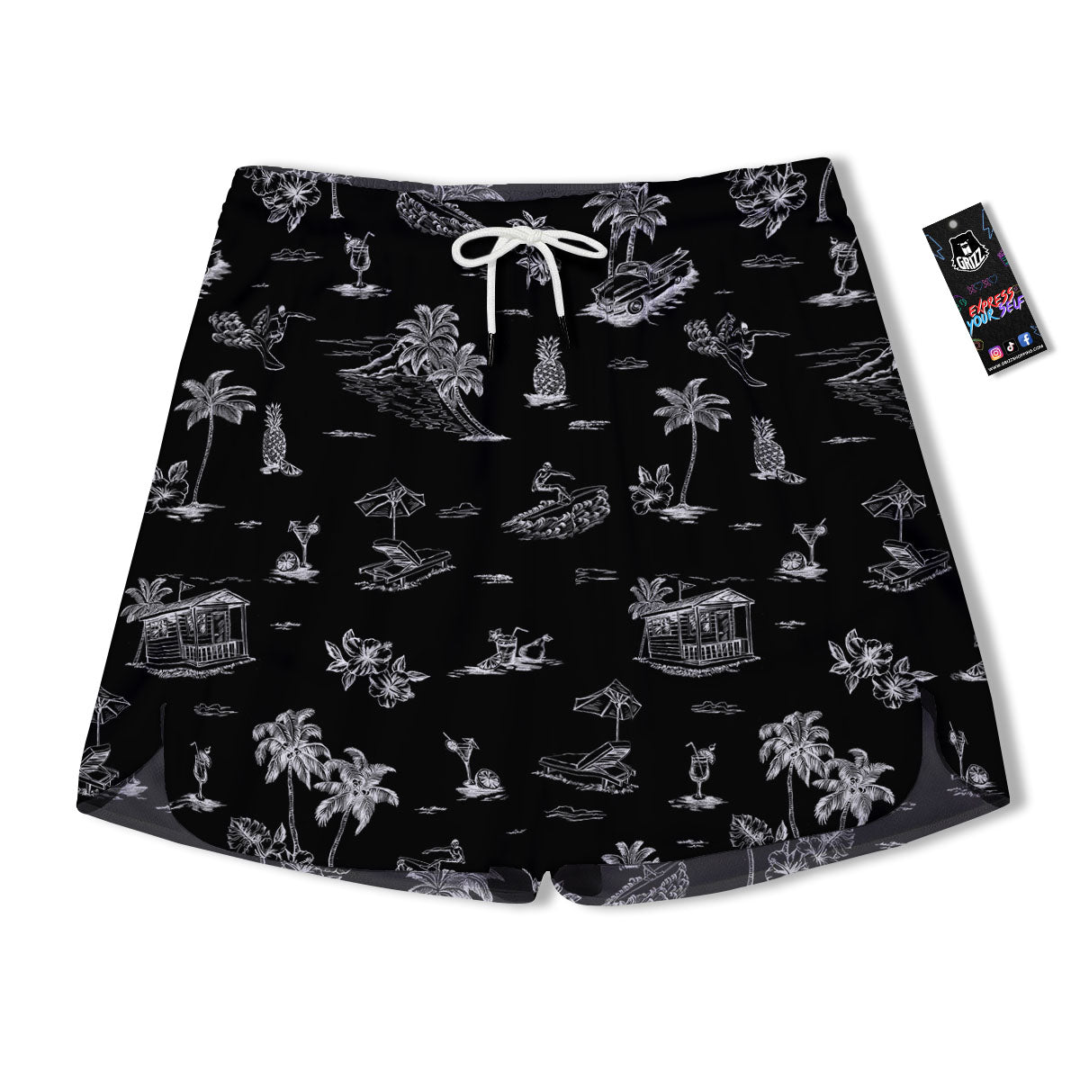 Surfing Black White Print Pattern Men's Running Shorts-grizzshop