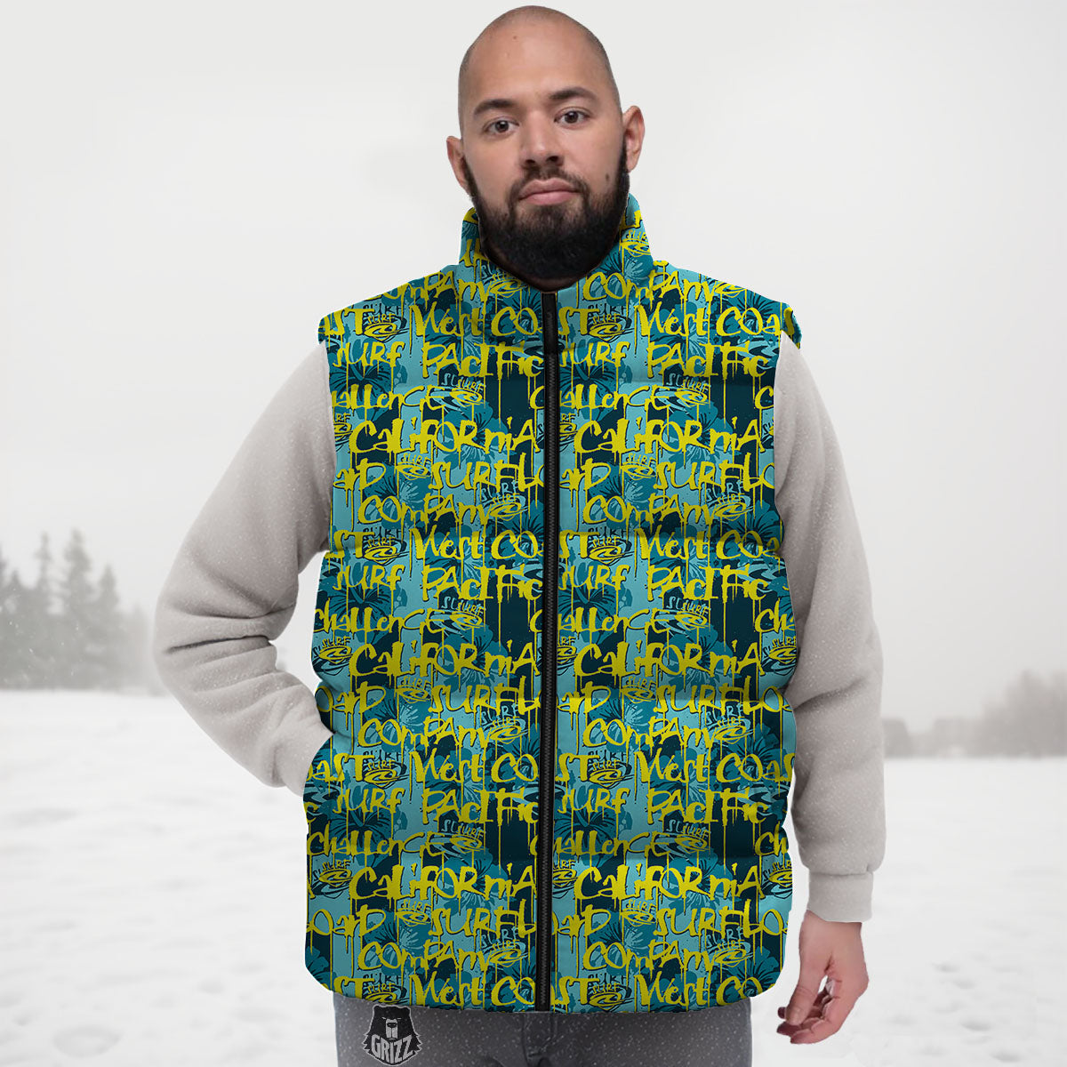 Surfing Graffiti Print Pattern Down Vest-grizzshop