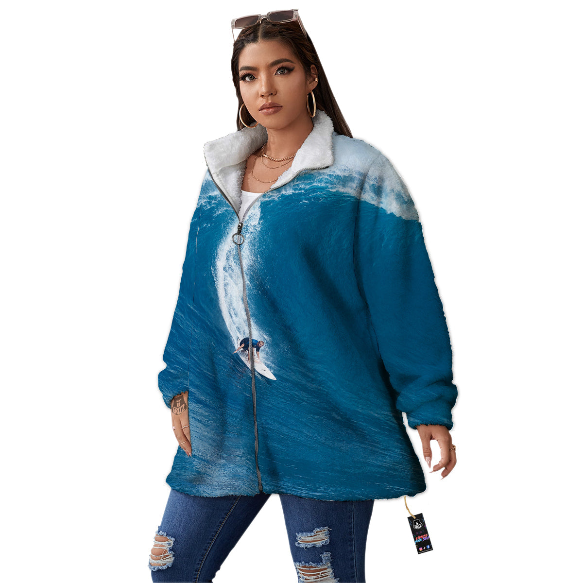 Surfing On Sea Print Women's Sherpa Jacket-grizzshop