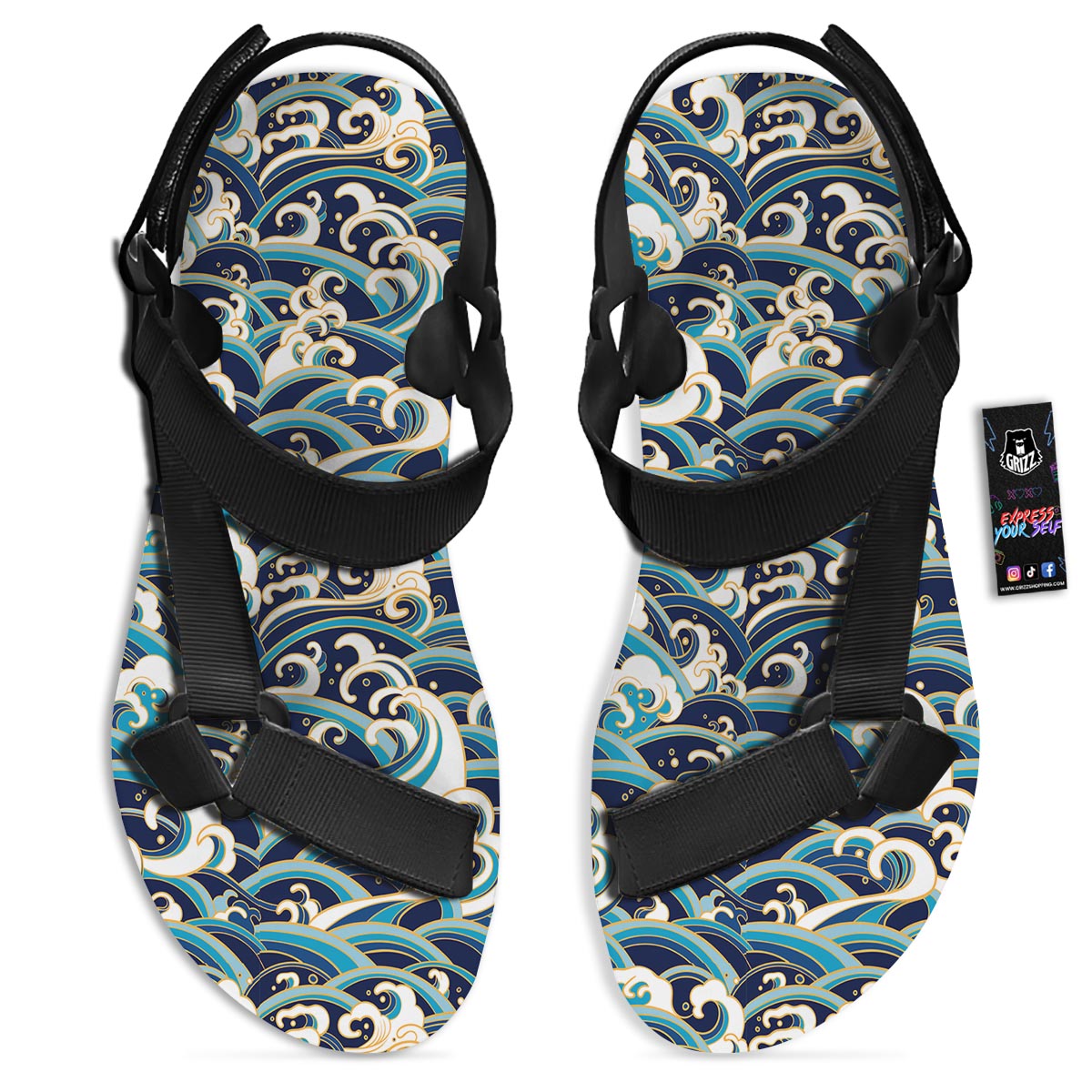 Surfing Sea Wave Print Pattern Black Open Toe Sandals-grizzshop
